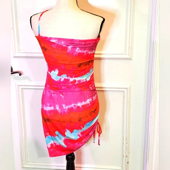 Pretty Little Thing Pink Multi Asymmetric Strap Ruched Bodycon Dress, Size 6 - Picture 3 of 16